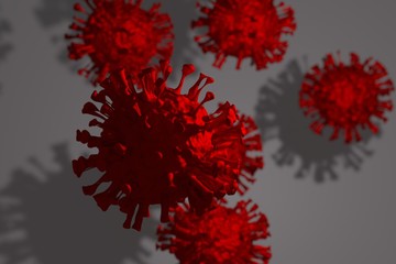 Coronavirus bodies red color on grey background. covid-19. Illustration covid-19. Covid Pandemic. MERS. SARS.3d render. 3d illustration