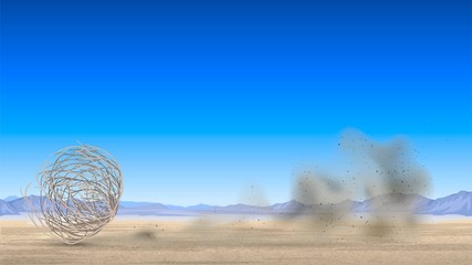 Tumbleweed rolls through the desert and dust flies, arid landscape