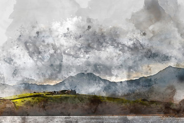 Digital watercolor painting of Beautiful moody landscape of Llynnau Mymbyr with Snowdon peak in distance in Winter