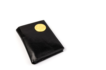 Metal gold bitcoin with black leather wallet on white background. Business, money, cryptocurrency concept.