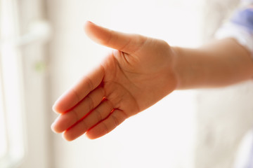 Close up view of caucasian female hand greeting somebody, copyspace. Communication, agreement, contract or meeting. Copyspace for advertising. Businesswoman or student.