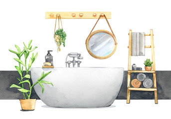 bathroom interior design lifestyle bathtub mirror shelf towel shampoo plant spa hotel watercolor illustration