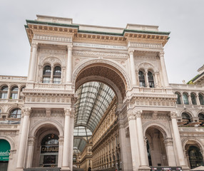 Milan, Italy, April 2020, Galleria Vittorio Emanuele in downtown of the city closed, empty of people during covid19 Coronavirus epidemic