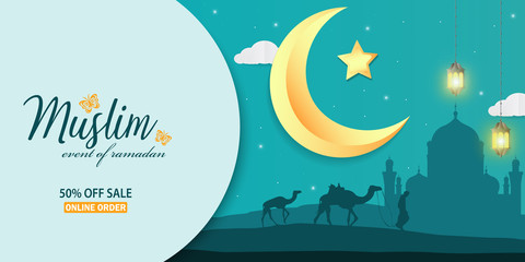 Ramadan Sale, web header or banner design, arabic lanterns Sale banner template design, Muslim festival of Ramadan special offer background. Up to 50% discount offer