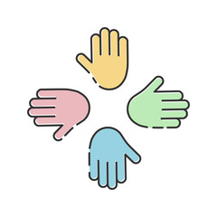 Humanitarian assistance vector illustration isolated on white background. Hands together in round shape. Voluntary, charity, donation icon.