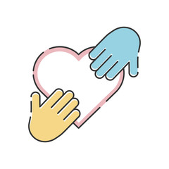 Obraz premium Orphans help vector illustration isolated on white background. Hands on the heart. Voluntary, charity, donation icon.