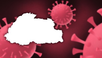Bhutan corona virus update with  map on corona virus background,report new case,total deaths,new deaths,serious critical,active cases,total recovered,virus spread  Wuhan China