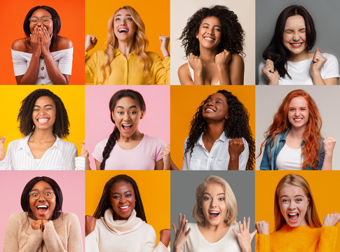 Collage With Amazed Multiethnic Young Women On Colorful Background