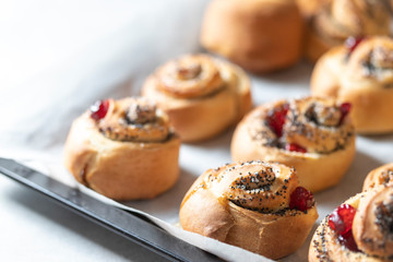 Homemade baking. Traditional bun with poppy seeds and sugar.