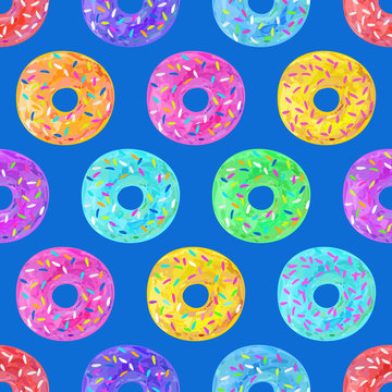 Donuts on blue mint background. Children's drawing with colored watercolor pencils. Seamless pattern. Texture for fabric, wrapping, wallpaper. Decorative print.Vector illustration