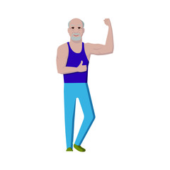 The old man is a bodybuilder, athlete, gymnast. A fit, strong, retired man with white hair and a beard. Vector illustration in flat style.