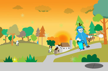 Illustration vector graphic of disinfectant workers tries to sterilize coronavirus or COVID-19 at the park in the middle of the city when the sun goes down, flat background.