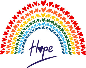 Rainbow with multicolored hearts and the inscription Hope. Vector positive illustration
