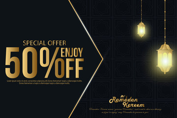 Ramadan Sale, web header or banner design with islamic lanterns and flat 50% off offers background.