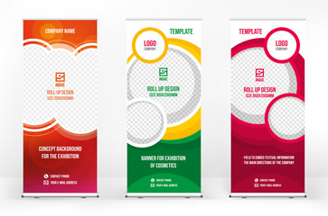 Naklejka premium Roll-up banner template, a set of modern portable stands roll-up for advertising, banner for presentations, conferences, exhibitions, mobile banner for product promotion and advertising