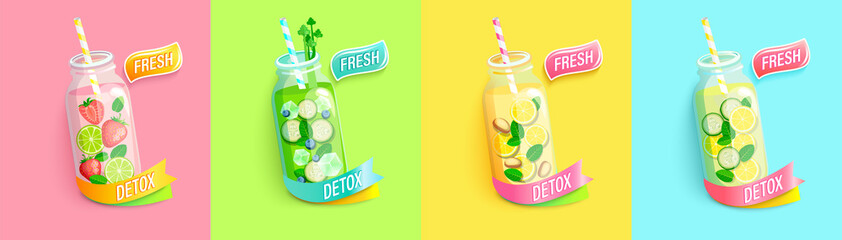 Bright summer Detox set. Healthy cocktails for hot season. Vector illustration for diet menu, cafe and restaurant. Fresh smoothies with lime, strawberry,lemon, ice, cucumber and other.