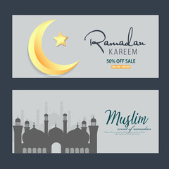 Naklejka premium Ramadan Kareem set of banner or posters or invitations design. stars and moon on gold background. Vector illustration. Place for text.