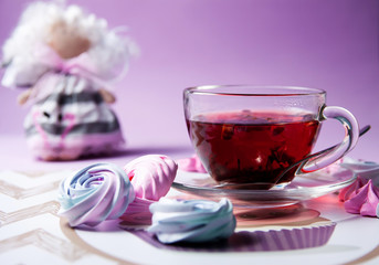 Fruit tea with dessert, sweet meringue