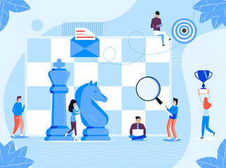 Fototapeta na wymiar Chess game concept vector. People work. Business, marketing strategy illustration. Successful teamwork and competition scene. Tiny people play with Queen, Knight