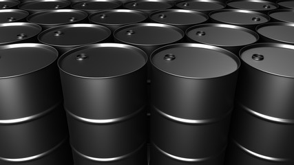 A lot of black oil barrels. 3D-rendering.
