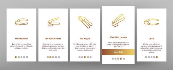 Garlic Press Utensil Onboarding Icons Set Vector. Garlic Press Kitchenware Equipment, Stainless Kitchen Tool, Metallic Ware For Cooking Illustrations