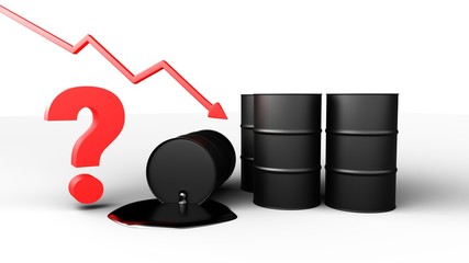 Oil Prices Dropping. Black barrels and red arrow. 3D-rendering.