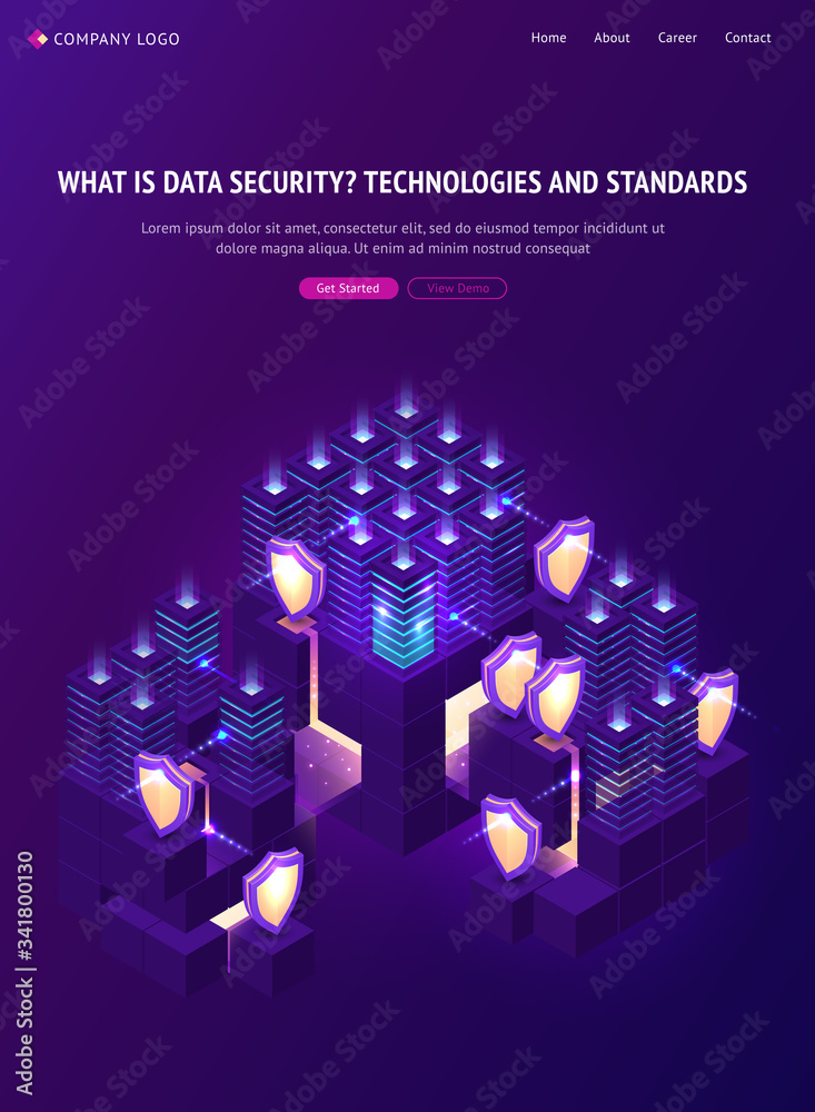 Poster cyber data security isometric landing page. computing internet digital technology, blockchain, datab