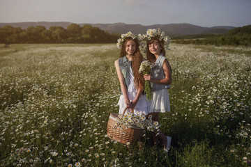 Fototapeta premium two cute teen girls in denim overalls walk in a daisy field