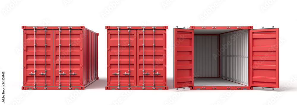 Poster 3d rendering of two closed red cargo containers and an open empty one standing on white background.