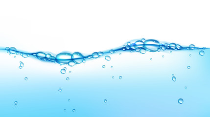 Fresh clean water wave with air bubbles. Vector realistic illustration of clear blue aqua surface isolated on white background. Water splash, flow of pure liquid drink