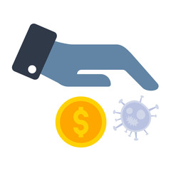 Socio-economic impact of the 2019 20 coronavirus pandemic concept vector Flat Icon , human tragedy on white background, Hand with Virus and Coin Design, Poor Buying Power Symbol 