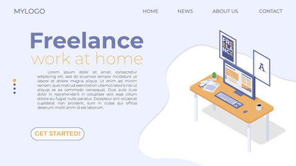 Template for freelancing or working from home. It can be used for a website, banner, or infographic. Contains a computer, Desk, and smartphone. Isometric vector illustration on a light background.