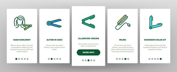 Flat Iron Equipment Onboarding Icons Set Vector. Flat Iron Hairdresser Device, Appliance For Beauty Hair, Woman Make Coiffure With Tool Illustrations