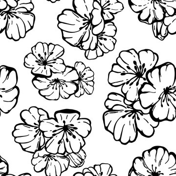 Hand drawn seamless pattern vector of black and white spring sakura, flowers, blooming floral elements. Ink doodle sketch illustration for design cards, invitations, wallpaper, wrapping paper, fabric