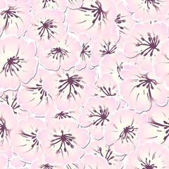 Hand drawn seamless pattern vector of pink and white spring sakura, flowers, blooming floral elements. Ink doodle sketch illustration for design cards, invitations, wallpaper, wrapping paper, fabric