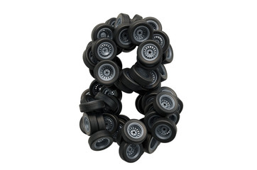 Number 8 from car wheels, 3D rendering