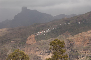 Roque Palmes, village of El Toscon and Roque Bentaiga. The Nublo Rural Park. Tejeda. Gran Canaria. Canary Islands. Spain.