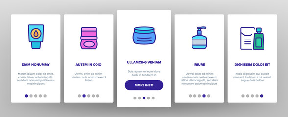Moisturizer Cream Onboarding Icons Set Vector. Moisturizer Cosmetic Package, Body Care Gel Container, Shampoo Tube And Perfume Bottle Illustrations