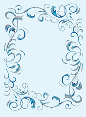 Fototapeta na wymiar fairy tale pattern blue, white, blue, frosty, fresh, frame with bends