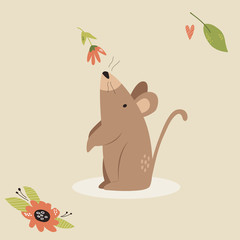Cute mouse scenting flower. Funny character design