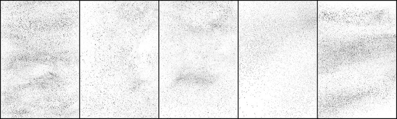 Set of distressed black texture. Dark grainy texture on white background. Dust overlay textured. Grain noise particles. Rusted white effect. Halftone vector illustration, Eps 10.