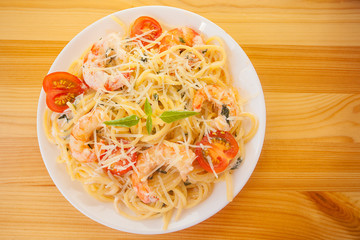 delicious Spaghetti pasta with prawns on  plate