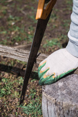 a man sawing a piece of wood with a saw, cut firewood with a saw, sawing boards, logs