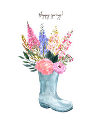 Watercolor spring rain boot with pretty floral bouquet. Garden flowers illustration. Greeting card design. Holiday decor, beautiful romantic arrangement in vintage country style.