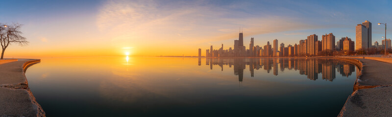 Panoramic Chicago Skyline Cityscape at night  and  blue sky with cloud, Chicago, United state - obrazy, fototapety, plakaty