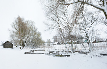 snow winter in the Russian village