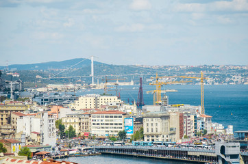 Top view. Golden Horn, Bosphorus in background. White pleasure ships. Seagulls flying over water. popular tourist destination. Red tiled roofs. Turkey, Istanbul