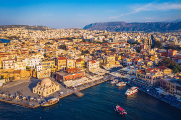 Picturesque old port of Chania. Landmarks of Crete island. Greece. Aerial view of the beautiful...