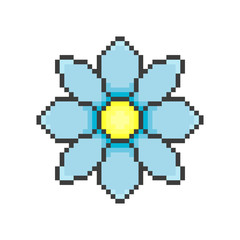 Fototapeta premium Pixel flower icon. Beautiful colored daisy. Vector graphic illustration. Isolated object on a white background. Isolate.