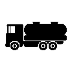 Pixel fuel truck icon. Side view. Black silhouette. Vector graphic illustration. Isolated object on a white background. Isolate.